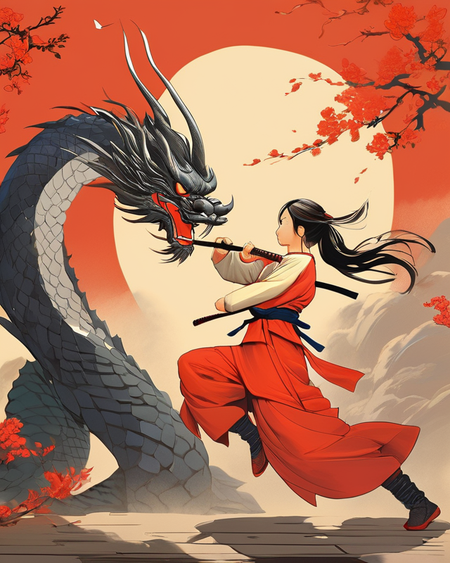 A young Chinese woman in kung fu fighting stance facing off with a dragon